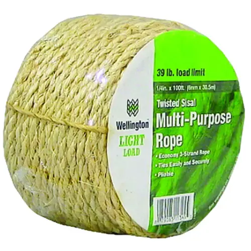 Rope, 1/4 in Dia, 100 ft L, #3/4, 39 lb Working Load, Sisal, Beige