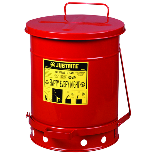 Oily Waste Can, 10 gal Can, Steel, Red, Foot-Operated Self-Closing Closure, 13.938 in Dia, 18-1/4 in H