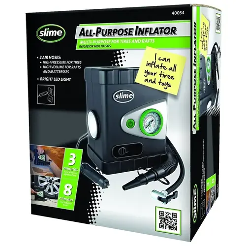 Slime 40034 Deluxe All Purpose Tire Inflator, 12 V, 0 to 100 psi Pressure, Dial Gauge