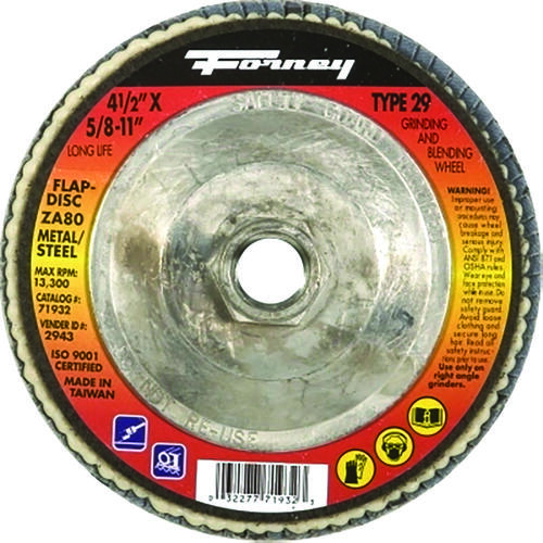 Flap Disc, 4-1/2 in Dia, 5/8-11 Arbor, 80 Grit, Fine, Zirconia Aluminum Abrasive, Fiberglass Backing Blue