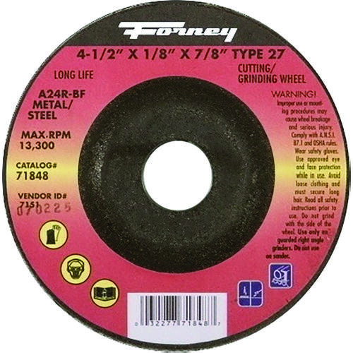 Forney 71848 Cut-Off Wheel, 4-1/2 in Dia, 1/8 in Thick, 7/8 in Arbor, 24 Grit, Coarse, Aluminum Oxide Abrasive