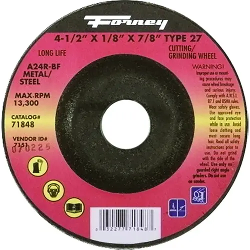 Cut-Off Wheel, 4-1/2 in Dia, 1/8 in Thick, 7/8 in Arbor, 24 Grit, Coarse, Aluminum Oxide Abrasive