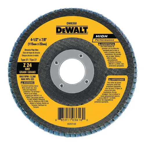 Flap Disc, 4-1/2 in Dia, 7/8 in Arbor, Coated, 60 Grit, Medium, Zirconium Oxide Abrasive