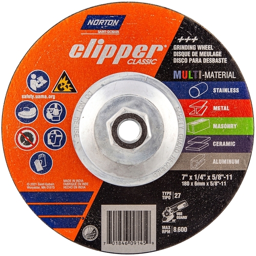 Clipper Classic AC AO/SC Series Grinding Wheel, 7 in Dia, 1/4 in Thick, 5/8-11 Arbor