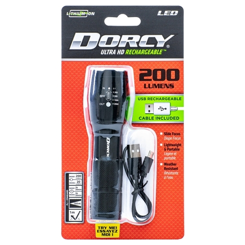 Dorcy 41-4379 Ultra HD Series Flashlight, Lithium-Ion, Rechargeable Battery, 200 Lumens Lumens, Flood, Spot Beam, Black