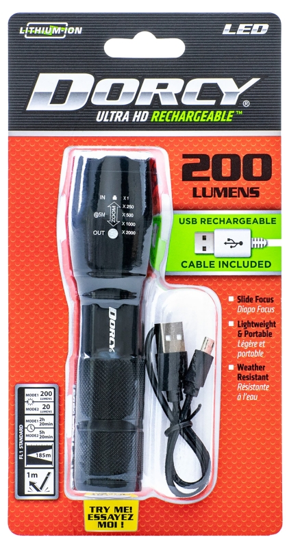 Dorcy 41-4379 Ultra HD Series Flashlight, Lithium-Ion, Rechargeable Battery, 200 Lumens Lumens, Flood, Spot Beam, Black
