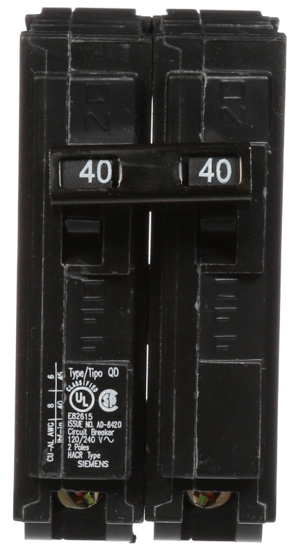 Siemens D240 Circuit Breaker, Low Voltage, QD, 40 A, 2 -Pole, 120/240 VAC, Plug Mounting Black