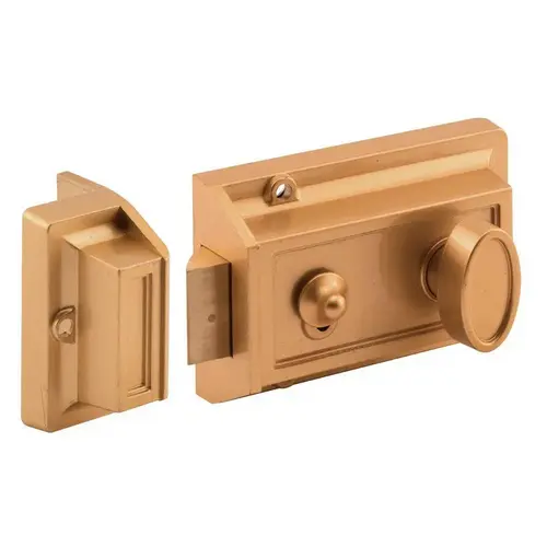 Night Latch and Locking Cylinder, Aluminum, Brass, 2-9/32 in Backset, Kwikset Keyway Pair