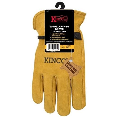 Driver Gloves, Men's, XL, Keystone Thumb, Ball and Tape Cuff, Suede Cowhide Leather, Gold