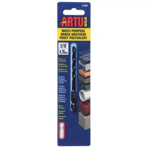 ARTU 01460 Drill Bit, 3/16 in Dia, 3-1/2 in OAL, Multi-Purpose, Parabolic Flute, Quick-Connect Shank