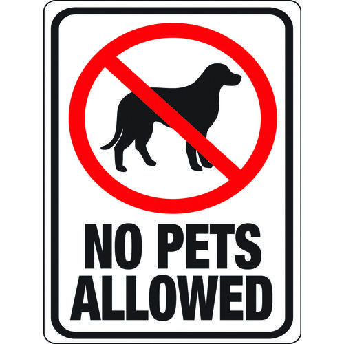 Identification Sign, Rectangular, NO PETS ALLOWED, Black/Red Legend, White Background, Plastic