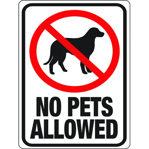 Identification Sign, Rectangular, NO PETS ALLOWED, Black/Red Legend, White Background, Plastic - pack of 10