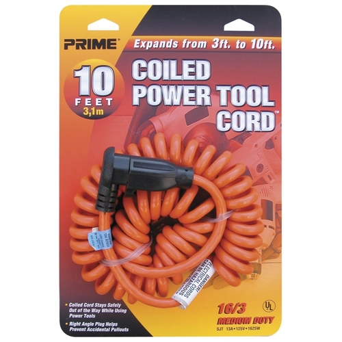 Power Tool Extension Cord, 16 AWG Wire, 10 ft L, Orange Sheath, 125 V
