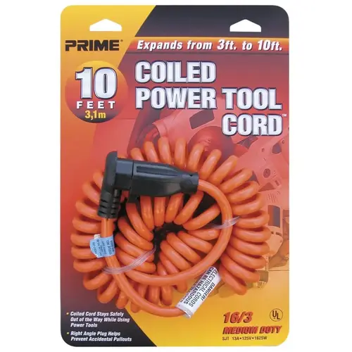 Prime AD010610 Power Tool Extension Cord, 16 AWG Wire, 10 ft L, Orange Sheath, 125 V