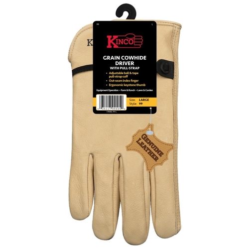 Kinco 99-XL Driver Gloves, Men's, XL, Keystone Thumb, Ball and Tape Cuff, Cowhide Leather, Tan