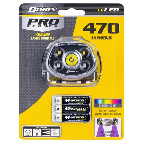 Dorcy 41-4320 Pro Headlamp, AAA Battery, LED Lamp, 470 Lumens, 100 ft Beam Distance, 6 hr Run Time Black/Gray