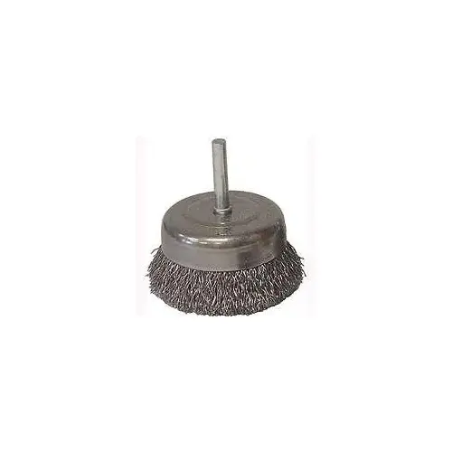 Weiler 36030 Wire Cup Brush, 3 in Dia, 1/4 in Arbor/Shank, 0.014 in Dia Bristle, Carbon Steel Bristle