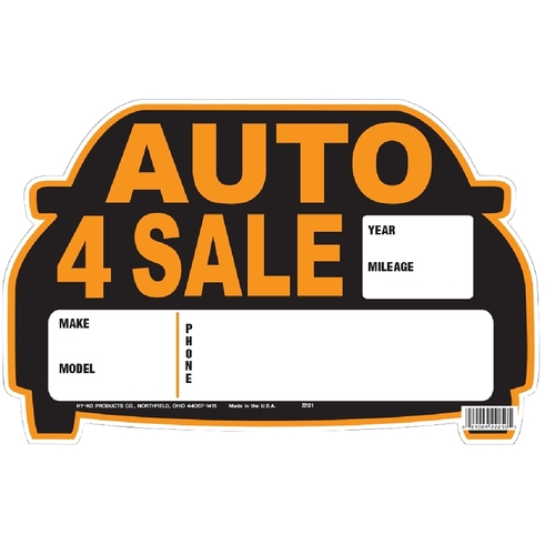 Die-Cut Sign, AUTO 4 SALE, Orange Legend, Black Background, Polystyrene, 13 in W x 8-1/2 in H Dimensions - pack of 5