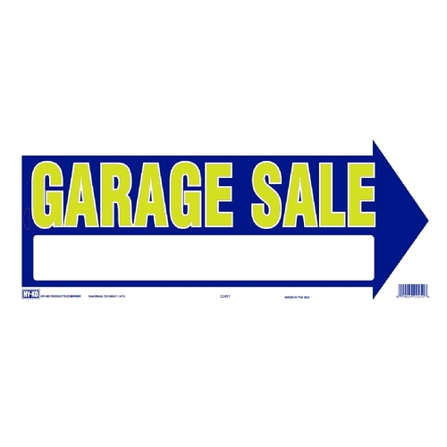 Directional Sign, GARAGE SALE (Arrow), Yellow Legend, Blue Background, Plastic, 9 in H x 18 in W Dimensions