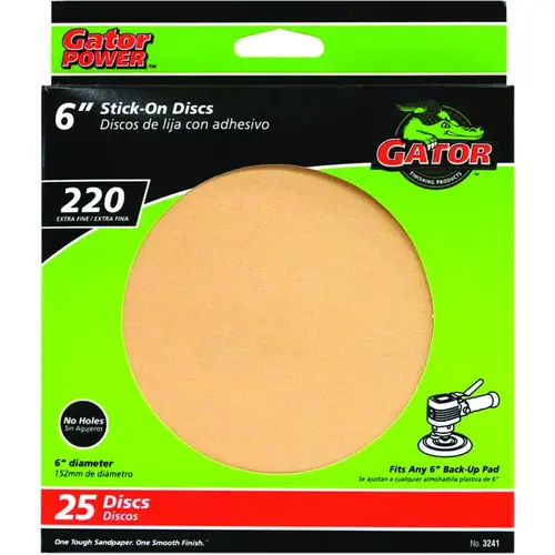 Sanding Disc, 6 in Dia, Coated, 220 Grit, Extra Fine, Aluminum Oxide Abrasive, Paper Backing Gold - pack of 25