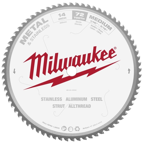 Milwaukee 48-40-4505 Circular Saw Blade, 14 in Dia, 1 in Arbor, 72-Teeth, Carbide Cutting Edge