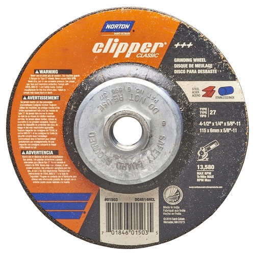 Norton 70184601503 Clipper Classic A AO Series Grinding Wheel, 4-1/2 in Dia, 1/4 in Thick, 5/8-11 Arbor
