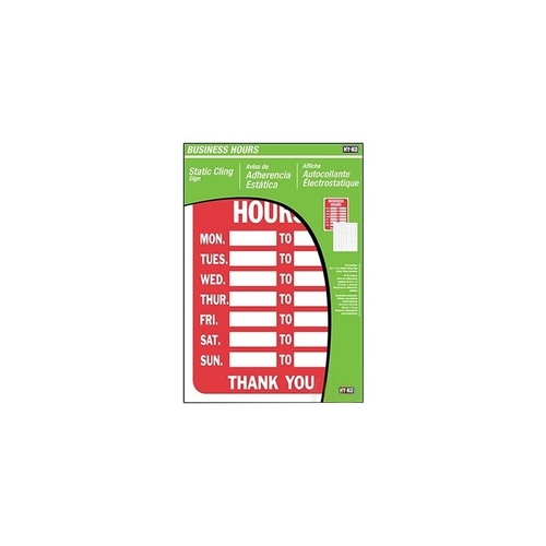 Static Cling Kit, BUSINESS HOURS, Red Legend, White Background, Plastic, 8-1/2 in W x 12 in H Dimensions