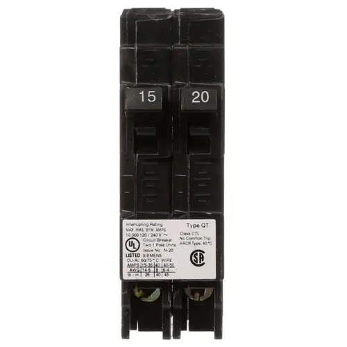 Circuit Breaker, Type QT, 15 to 20 A, 1 -Pole, 120 V, Plug Mounting Black