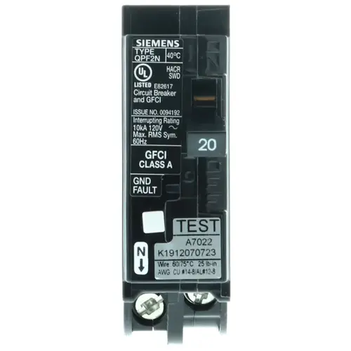 Circuit Breaker, GFCI, Low Voltage, 20 A, 1 -Pole, 120 V, Plug Mounting