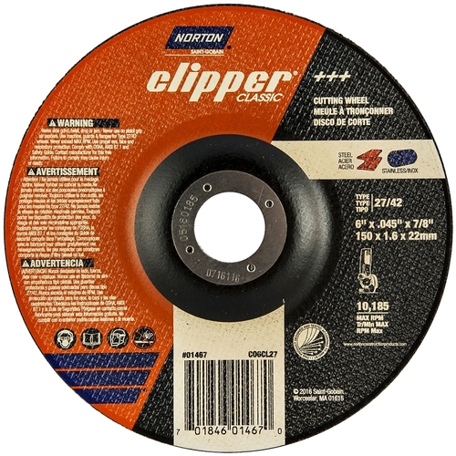 Norton 70184601467 Clipper Classic A AO Series Cut-off Wheel, 6 in Dia, 0.045 in Thick, 7/8 in Arbor