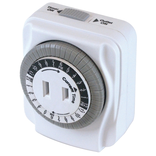 Electromechanical Timer, 15 A, 125 V, 1875 W, 1-Outlet, 24 hr Time Setting, 24 hr Cycle, White