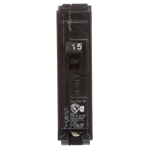 Circuit Breaker, Low Voltage, QD, 15 A, 1 -Pole, 120 VAC, Plug Mounting Black