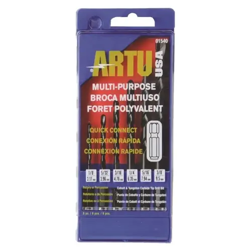 ARTU 01540 Drill Bit Set, Multi-Purpose, 6-Piece, Chrome Vanadium Steel/Cobalt/Tungsten Carbide