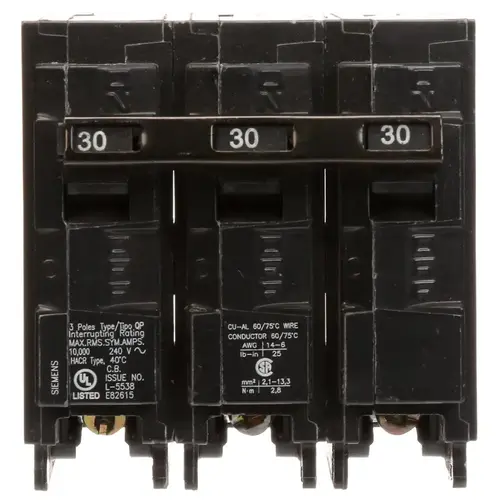 Circuit Breaker, Low Voltage, Mini, Standard, 30 A, 3 -Pole, 240 VAC, Common Trip, Plug Mounting Black