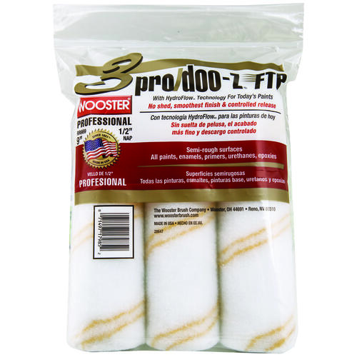 Paint Roller Cover, 1/2 in Thick Nap, 9 in L, Fabric Cover, White - pack of 3