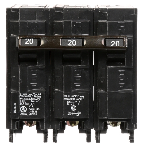 Circuit Breaker, Low Voltage, Mini, Standard, 20 A, 3 -Pole, 240 VAC, Common Trip, Plug Mounting Black