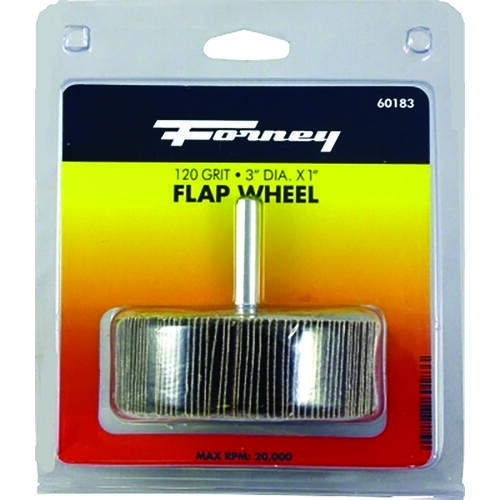 Forney 60183 Flap Wheel, 3 in Dia, 1 in Thick, 1/4 in Arbor, 120 Grit, Aluminum Oxide Abrasive