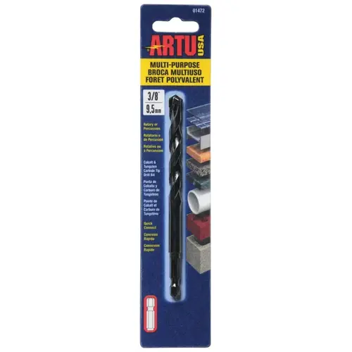 ARTU 01472 Drill Bit, 3/8 in Dia, 5-1/4 in OAL, Multi-Purpose, Parabolic Flute, Quick-Connect Shank