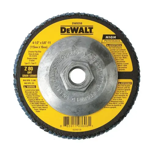 Flap Disc, 4-1/2 in Dia, 5/8-11 Arbor, Coated, 80 Grit, Medium, Zirconia Abrasive