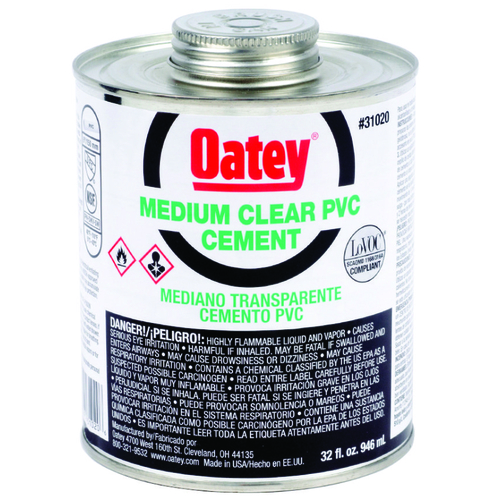 Oatey 31020 Solvent Cement, 32 oz Can, Liquid, Clear