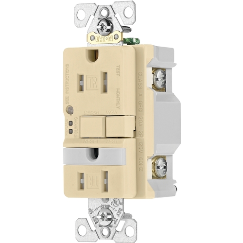 GFCI Receptacle, 125 VAC, 15 A, NEMA: NEMA 5-15R, Back and Side Wiring, Ivory