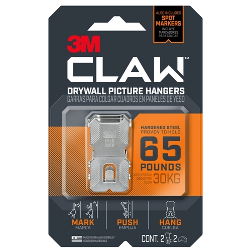 CLAW Picture Hanger, 65 lb, Steel, 1/8 in Projection, Wall Mounting Pair Silver