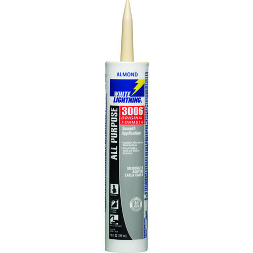 White Lightning W12002010 Adhesive Caulk, Almond, 5 to 7 days Curing, 40 deg F, 10 fl-oz Cartridge