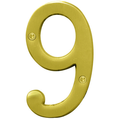 Prestige Series House Number, Character: 9, 4 in H Character, Brass Character, Solid Brass