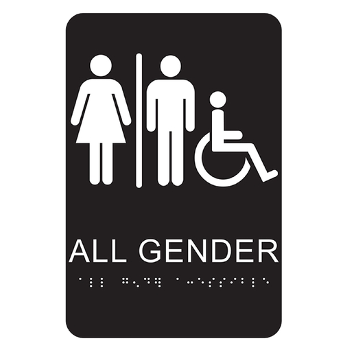 Braille/Tactile Sign, Rectangular, ALL GENDER, White Legend, Black Background, Plastic - pack of 3