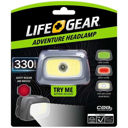 Life+Gear 41-3912 Headlamp, AAA Battery, Alkaline Battery, LED Lamp, 330 Lumens, Spot Beam, 3 hr Run Time, Green