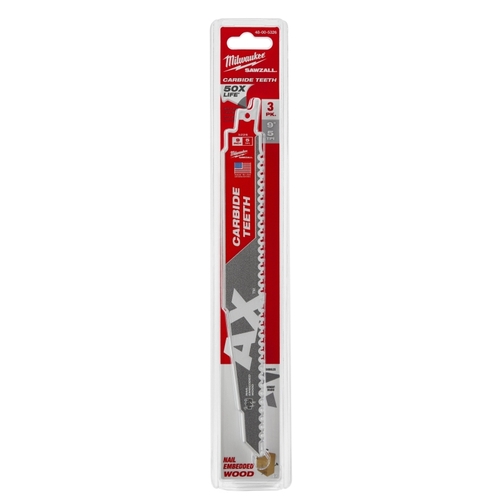 Milwaukee 48-00-5326 AX SAWZALL Reciprocating Saw Blade, 3/4 in W, 9 in L, 5 TPI, Carbide Cutting Edge White - pack of 3