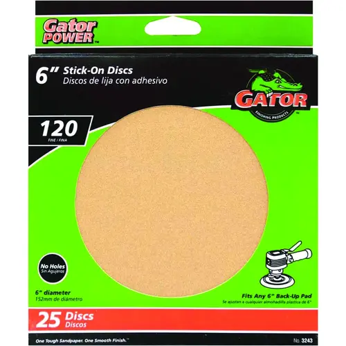 Sanding Disc, 6 in Dia, Coated, 120 Grit, Fine, Aluminum Oxide Abrasive, Paper Backing Gold - pack of 25