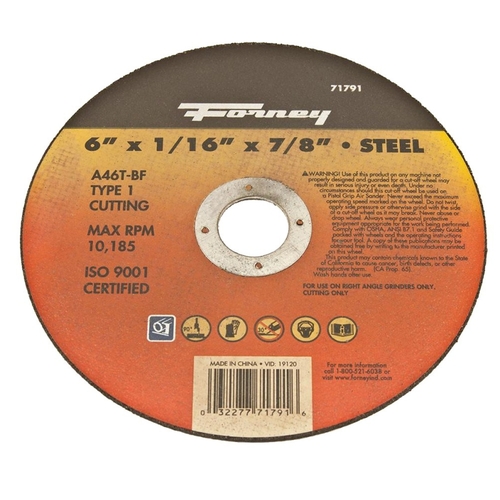 Forney 71791 Cut-Off Wheel, 6 in Dia, 1/16 in Thick, 7/8 in Arbor, 50 Grit, Coarse, Aluminum Oxide Abrasive
