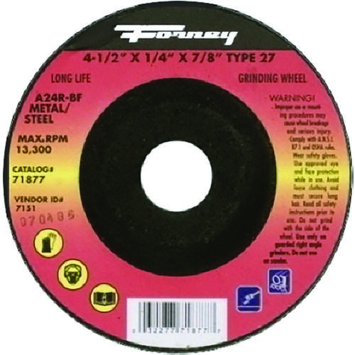 Forney 71877 Grinding Wheel, 4-1/2 in Dia, 1/4 in Thick, 7/8 in Arbor, 24 Grit, Coarse, Aluminum Oxide Abrasive